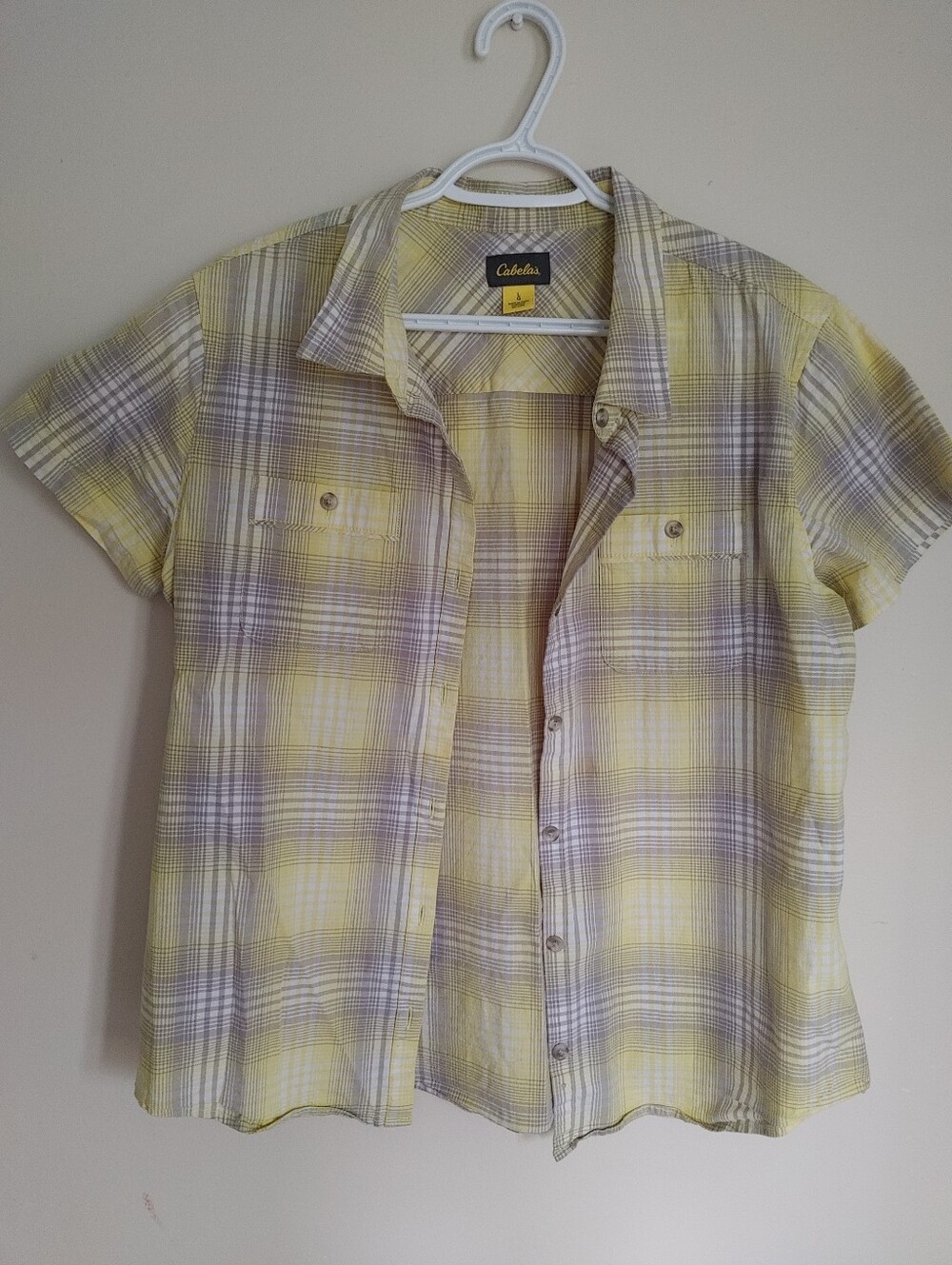 Cabela's Yellow and Gray Plaid Short Sleeve Button-Down